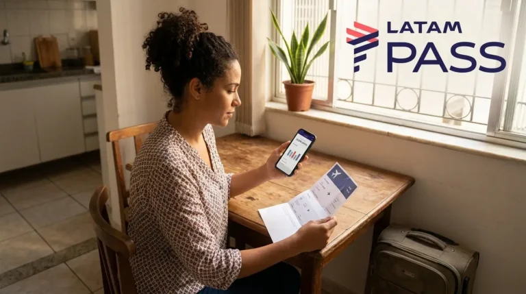 Mulher em casa consulta o saldo de milhas no celular enquanto segura um itinerário de viagem; logo LATAM Pass aparece no canto superior direito.