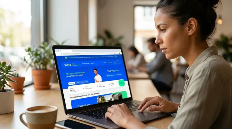 Mulher pesquisa passagens aéreas com desconto no notebook, usando o site da Viaza para comparar opções de voos.