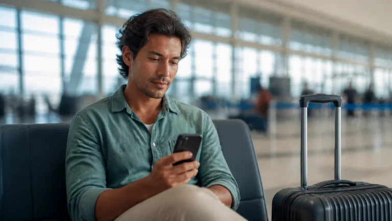 como consultar saldo Latam Pass - Passageiro consultando saldo Latam Pass pelo celular antes de uma viagem