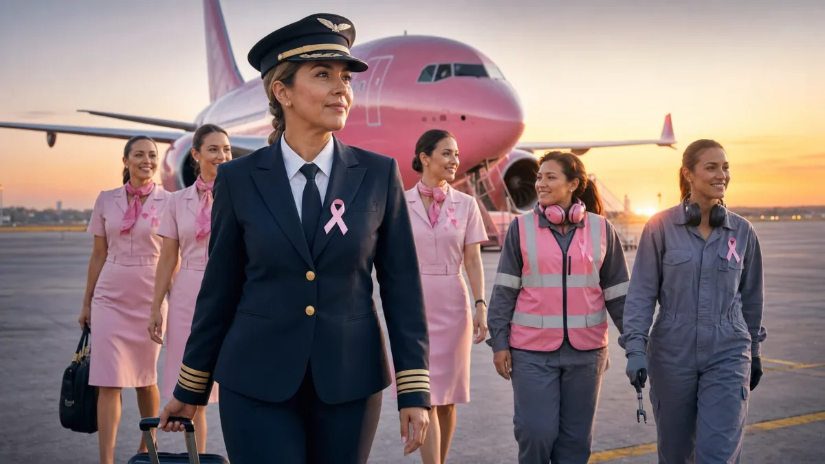 Tripulação feminina e doação de pontos marcam mobilização aérea contra o câncer de mama