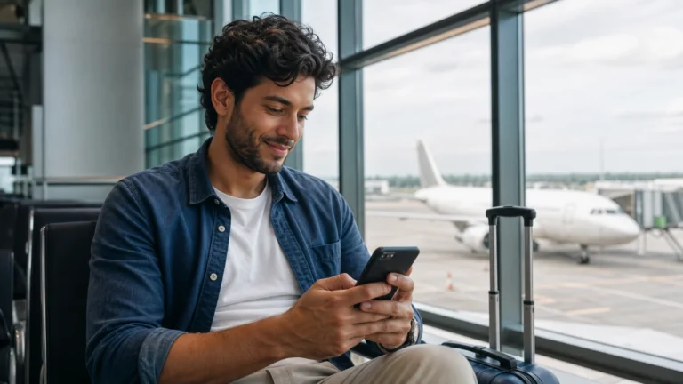 como acumular milhas LATAM - Passageira consultando o aplicativo LATAM Pass antes de embarcar em um aeroporto