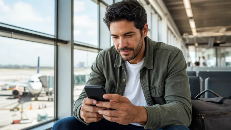 como acumular milhas sem cartão de crédito - Viajante consultando programas para acumular milhas sem cartão de crédito no aeroporto