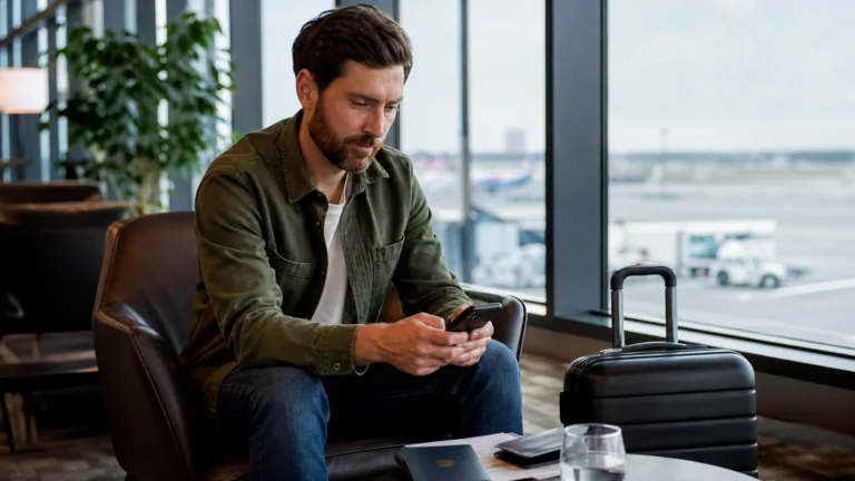 como consultar milhas TAP - Passageira consultando milhas TAP Miles&Go no celular antes de uma viagem