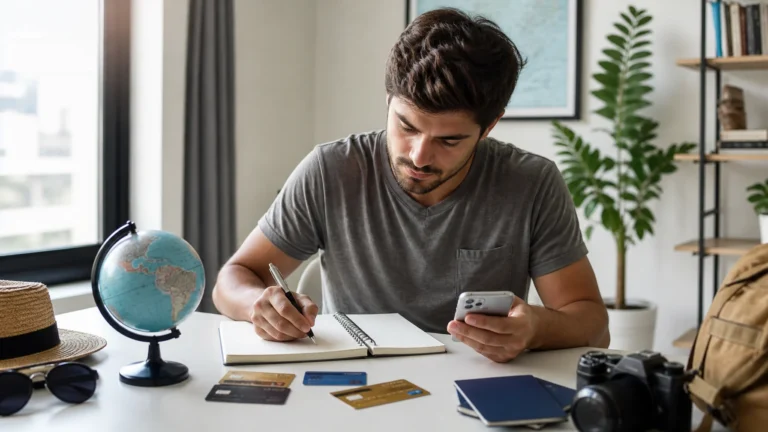 como organizar pontos e milhas - Pessoa organizando pontos e milhas em um caderno ao lado de cartões e celular