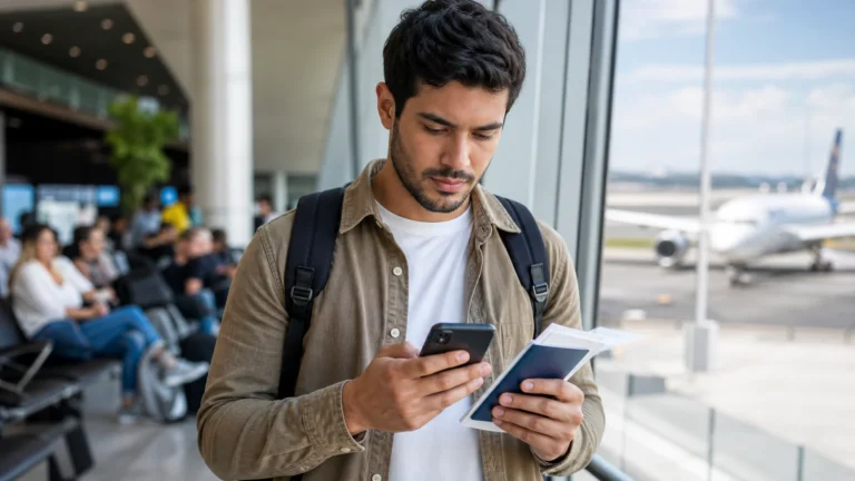Viajante comparando milhas ou dinheiro na passagem antes de comprar um voo