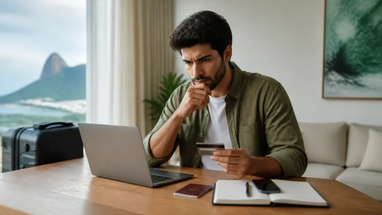 Pessoa comparando pontos ou cashback ao analisar gastos no cartão de crédito
